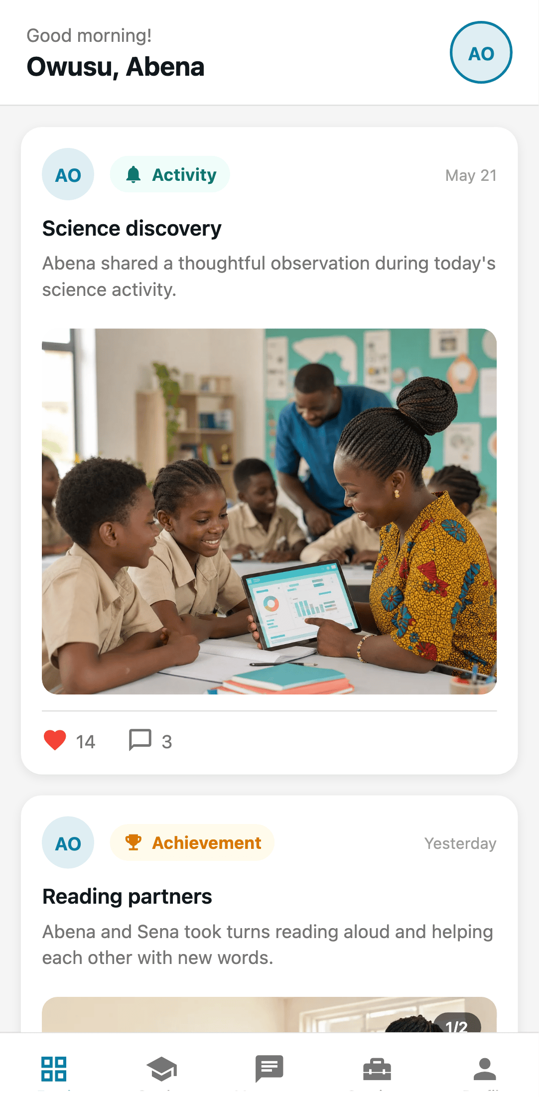 Abena’s family activity feed with a science discovery and reading achievement