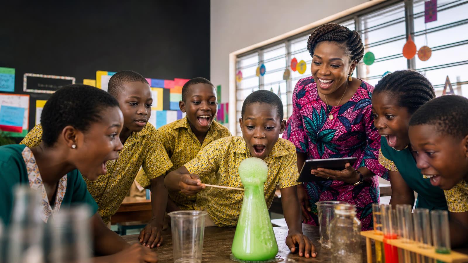A teacher and class sharing a school-day discovery