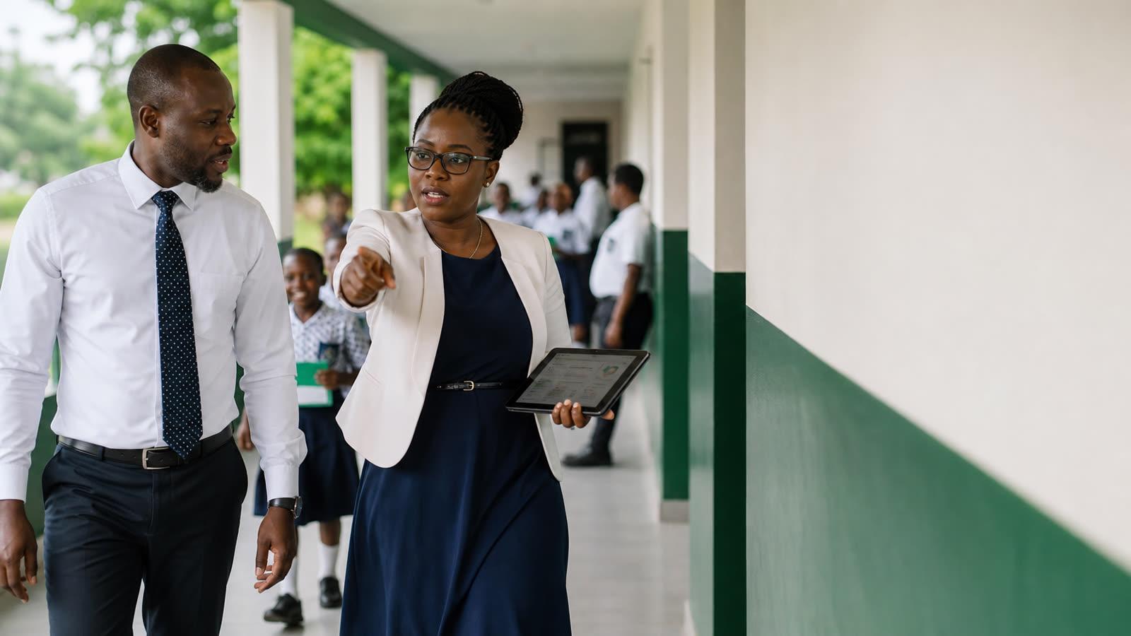 Two members of the school team talking in a bright school corridor
