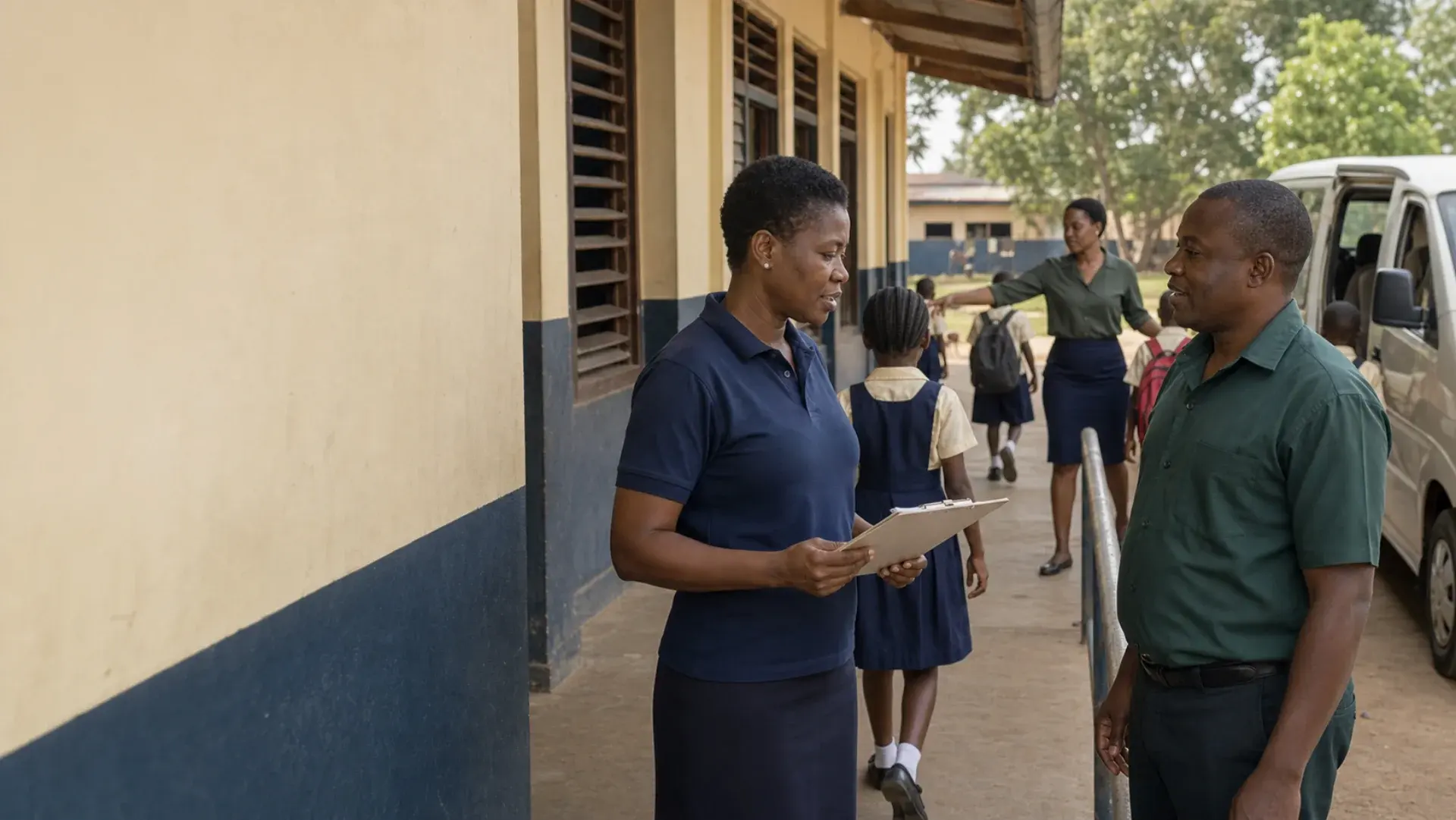 School staff coordinating pupils’ arrival beside a school building