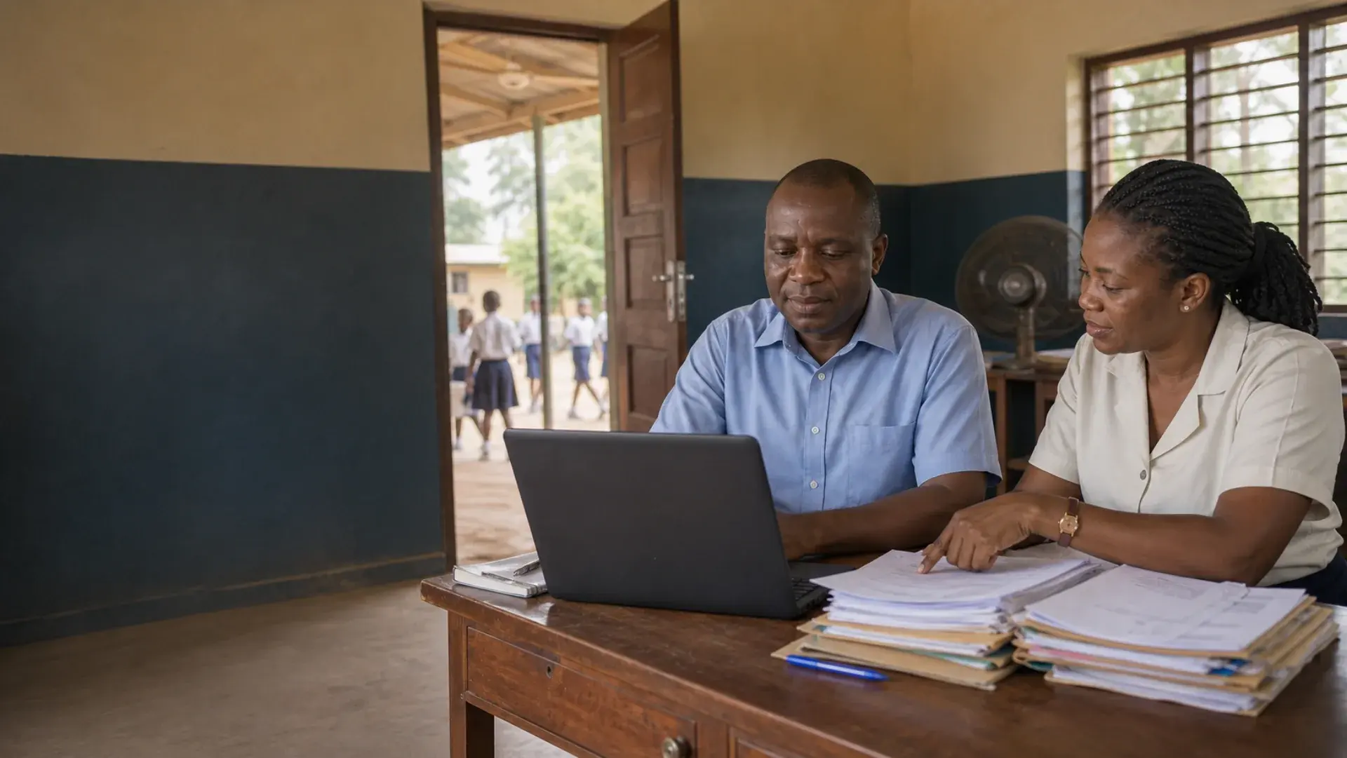 School staff carefully reviewing student records