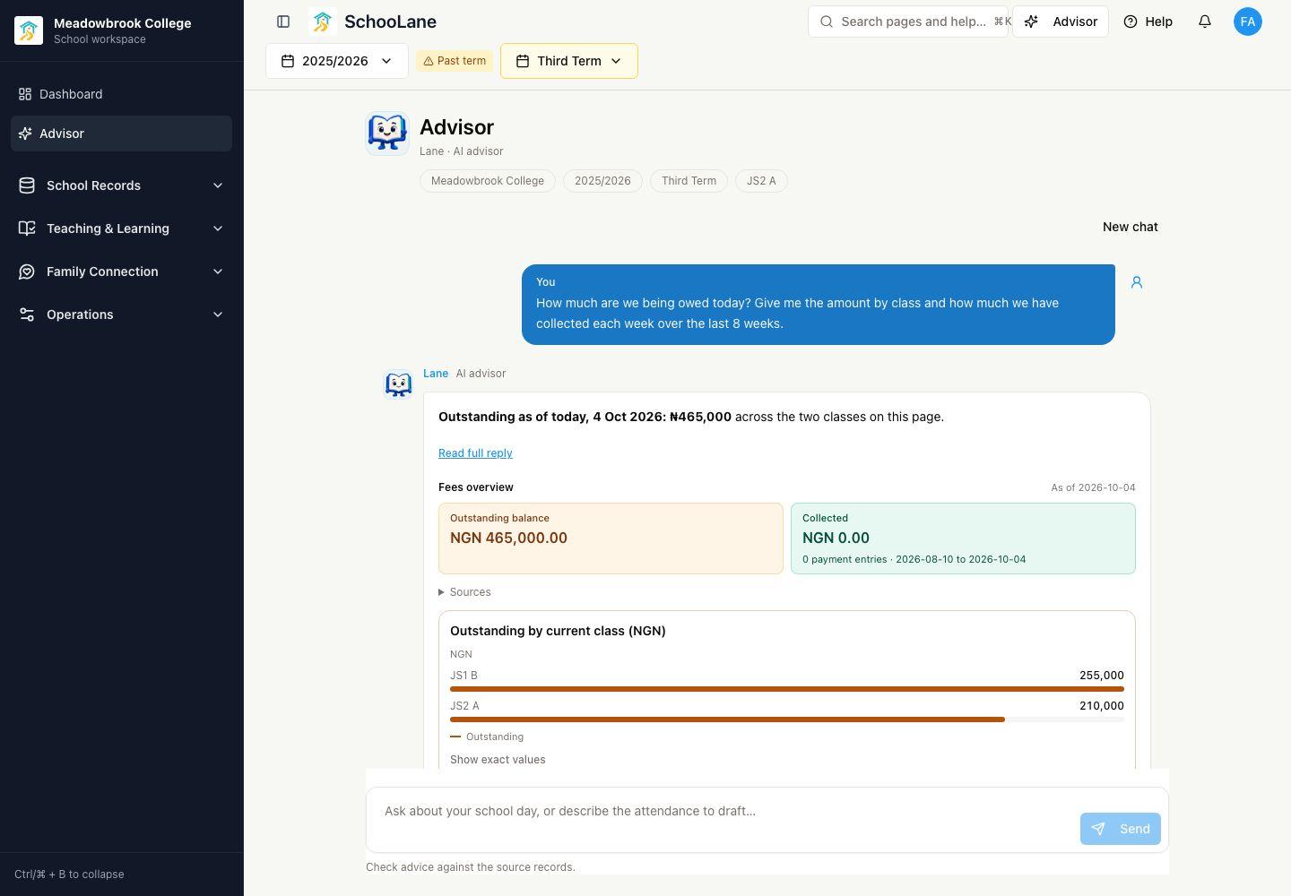 Actual school-admin web demo: a fee question with dated outstanding balances, source records and a class breakdown beneath the reply