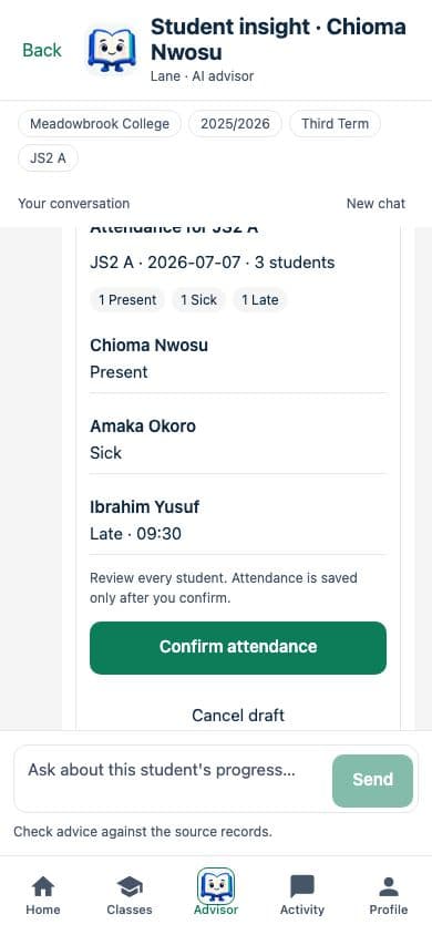 Actual Staff app demo: a three-pupil attendance draft showing Present, Sick and Late statuses, with Confirm attendance and Cancel draft controls
