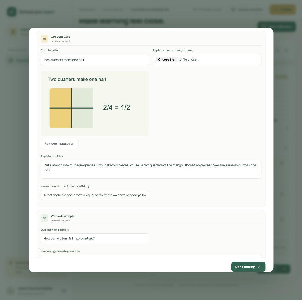 Learn Studio demo showing an editable explanation and worked example for equivalent fractions