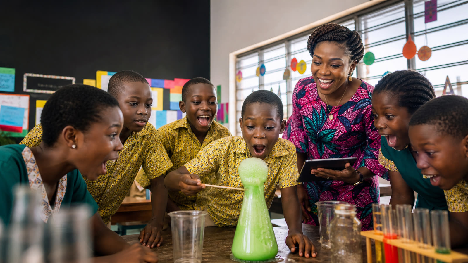 A teacher and pupils celebrating a science discovery